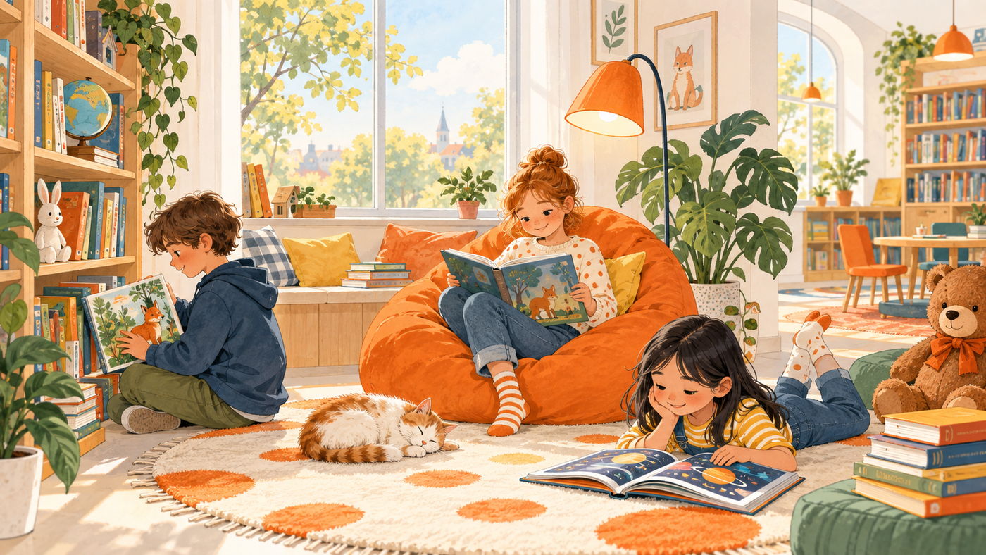 Дети читают книги в детской библиотеке